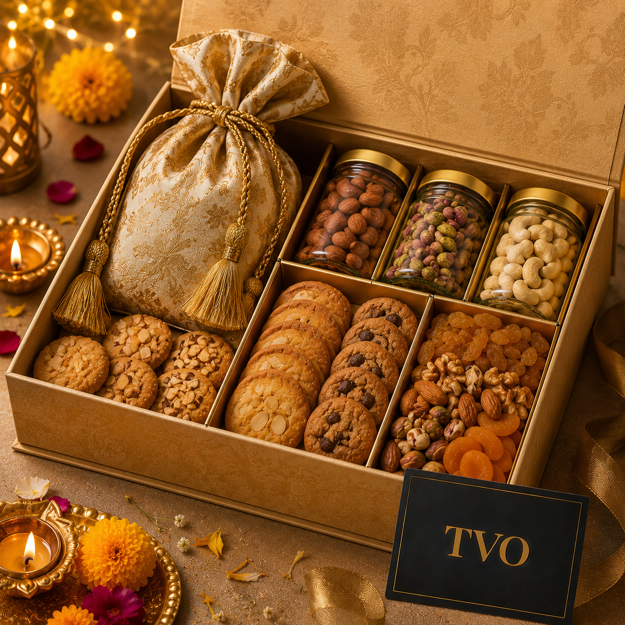 Elegant Diwali Treat Box Potli, Cookies & Gourmet Dry Fruits